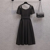 Women Summer French Vintage Square Collar Short Sleeve Dresses Office Ladies Elegant Solid High Waist A-line Dresses