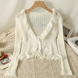 Ruffles Cardigan Slim Women Casual Transparent Sweater Shirts Lady Thin Solid Coats Female Crop Top-Outfit