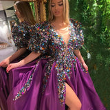 Fongt Spring New Women's Clothing Crumb Dress Squins Open Fork V-Neck Banquet Evening Dress
