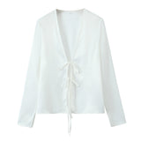 Bowknot Silk Satin Long-Sleeved Shirt In Spring-Outfit
