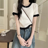 Fongt Clamming Color Splicing T-Shirts For Women's New Summer Fashion Slimming Thin-Sleeved Ice Silk Short-Sleeved Top