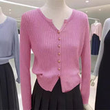 Gentle Style Sweater Spring And Autumn New Solid Color Gold Button V Neckline Sweater Cardigan Short Outer Coat-Outfit