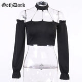 Dark Punk With Chain Off Shoulder T-shirts Gothic Sexy Backless Grunge Black Halter Crop Tops Long Sleeve Women Autumn