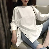 spring Split Side Button White black Long Tshirt O-Neck Women shirts autumn Arrival Vogue Harajuku solid Loose T shirt