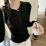 Unique Half-Breasted Elastic Slim Threaded Shoulder Long-Sleeved T-Shirt Women's Early Autumn New Inner