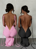 Backless Sexy Maxi Dresses for Women 2023 Spaghetti Strap Ruched Bodycon Dress Wedding Evening Party Dress Elegant