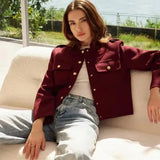 Red Solid Gold Button Jacket-Outfit