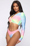 Fongt New Tie-Dye Multi-Color Print Long Sleeve Split Bikini