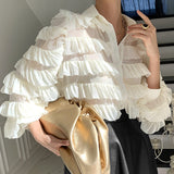 New Korean Heavy Work Cupcake Ruffles Blouse Women Turn Down Collar Long Sleeve Tops Loose Blusas Ol Feminino Shirt