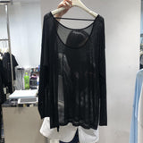 T-shirt Loose Large Size Is Thin Round Neck Open Back Thin Section Slightly Transparent Slit Long-sleeved