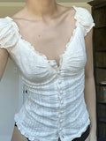 Button Down Broidered Lace Crop Blouse-Outfit