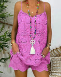 Fongt Sleeveless Drawstring Flounce Cut Out Vest Embroidered Shorts With Cotton