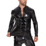 Fongt Men's PU Mirror Bright Leather Long Sleeve Casual Coat Black Slim Strap Stand-Up Collar Leather Jacket-Outfit