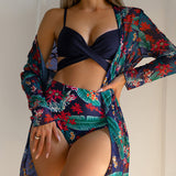 Fongt New 2024 Bikini Gathers The Sexy Mesh Three-Piece Split Print Swimsuit