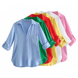 Spring Autumn Women Retro Simple Style Loose Long Sleeve Basic Solid Color Shirt Casual Chic