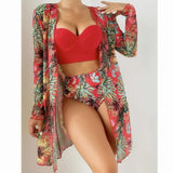 Fongt New Sexy Bikini Mesh Three-Piece Set Gathered Print Split Swimsuit