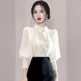 Cotton Women's Blouse Fashion White OL Shirt Summer Puff Sleeve Top Elegant Spring Female Clothing Turn-down