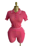 Fongt Hollow Knitted Two-Piece Collar Short-Sleeved Umbilled Blouse + High-Waisted Shorts Sports Leisure Set Spring New