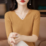 Fongt The Summer Of 2023, Women's Knit Short Sleeve Korean V-Neck Solid Color T-Shirt And A Pit Top-Outfit