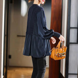 Knitted Patchwork Blouse Spring Autumn Korean Loose Women's Clothing Basic Fake Two Pieces Casual Half Open Collar Shirt-Outfit