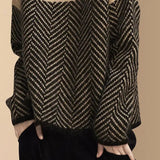 Autumn Winter Vintage Striped Patchwork Loose Knitted Sweaters Female Fashion Korean Warm Thick Half High Collar Jumpers-Outfit