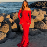 Fongt Shoulder Horn Sleeve Long Bag Hip Dress Gentle Elegant Temperament Boobs Waist Tugtail Dress