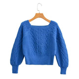 New Square Collar Long-Sleeved Twist Textured Short Sweater In Autumn-Outfit