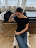 Fongt Xixi 2025 Autumn Black Standard Temperament Boat Collar Body-Bottomed Knitted Short-Sleeved T-Shirt For Women 89525