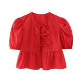 New Bubble Cuff Lace-Up Solid Color Short Blouse 1213835-Outfit