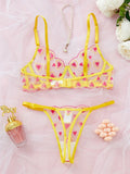 Yellow Heart Embroidery Mesh Lingerie Set-Outfit