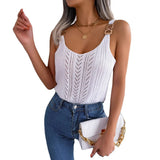 Spring And Summer Leisure Metal Buckle V-Neck Hollow Top Holiday Knitwear Women's