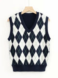 Vest Vangull Argyle Fashion Women Casual Korean Pullover Elasticity Sweater Spring Autumn Sleeveless V-Neck Tank