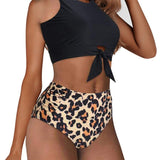 Front Tie Bikini 2022 Women Leopard Print Push Up 2 Piece Swimsuit Retro Bathing Suits High Waist Swimwear Maillot De