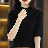 Fongt And Summer Loose And Versatile Wool Knit Short Sleeve Women Plus-Size Round-Neck Solid Color Bottom Knit T-Shirt Thin-Outfit