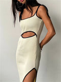 Sleeveless Lace-up Strap Summer Dress 2023 Sexy Women Waist Cutout Hollow Out Side Split Dress Female Vestidos Solid-Outfit