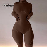 Thick Brown Rompers For Women Autumn Solid Ribbed Jumpsuit Long Sleeve Knitting Outfit Cotton Streetwear Stretchy