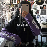 Fire Flame Print Fake Two Piece Sweatshirt Women Harajuku Gothic Streetwear Hoodies Fashion Loose Crop Sweatshirts