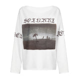 Breeze Loose Retro Print Shoulder-Exposed Long-Sleeved T-Shirt Summer Slant Collar Small Sexy Casual Blouse-Outfit