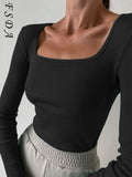 2021 Square Neck Green Long Sleeve T Shirts Women Knitted Autumn Winter Black Basic Ribber White Khaki Top Shirt Casual