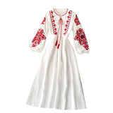 Embroidery Flowers Round Collar Lantern Sleeves Wrinkled Loose Show Thin Dress Women-Outfit