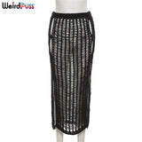 Puss Summer Knitting Sexy Long Skirt Women Elastic See-Through Hollow Out Grid Party Streetwear Bottom Solid Color