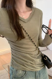 Slim, V-Collar, Straight Shoulder, Long-Sleeved T-Shirt, New Autumn Pleated Blouse, Solid Color Bottomed Shirt.-Outfit