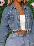 Denim Long Sleeve Button Turn Down Collar Jacket For Women Autumn Vintage Casual Pocket Cropped Coats Ladies Outfit