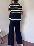 Fongt Casual High-Grade Striped Knitted Shoulder Clothes + Fashion Wide Leggings