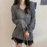 Spring And Summer New Korean Version Loose Hollowed-Out Sweater Pullover V-Collar Long-Sleeved Blouse Popular Style For Women-Outfit