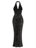 Halter Deep V Neck Sequin Maxi Dress-Outfit