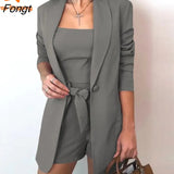 and Summer Solid Color Vest Suit Jacket Fashion Temperament High Waist Shorts Three-piece Women's Dress Pink