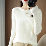 Fongt Round Collar Knit Women's Thin Early Spring And Autumn With A Sweater Long-Sleeve T-Shirt Wool Undershirt Loose.-Outfit