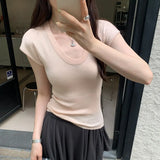 Solid Color U-Collar Short-Sleeved T-Shirt Women's New Springy Slim, Simple And Easy To Wear In