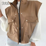 Sleeveless 2020 PU Leather Jacket Vest Women Black Zipper Autumn Winter Khaki Pocket Casual Coat Short Loose